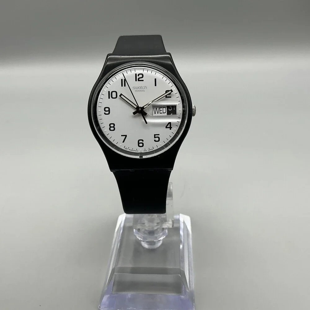 Vintage Swatch Mens Watch 34mm Once Again GB743 Black Day Date Swiss 1999